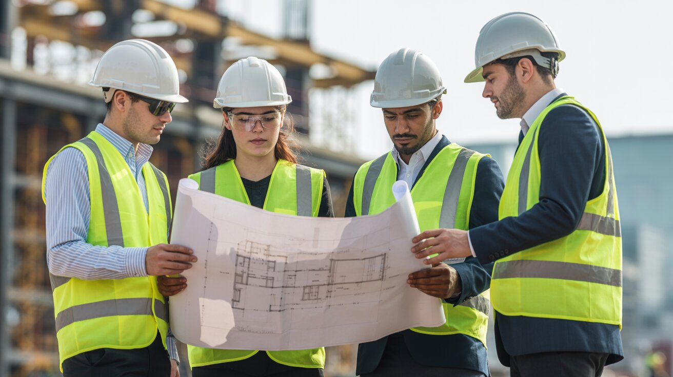 Equipe de engenheiros do Grupo Plax analisando projeto